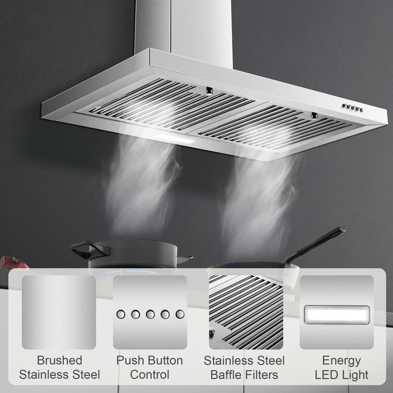 Range Hood 30 inch 450 CFM Wall Mount Range Hood with Baffle Filters 3 Speed Fan Vent Hood