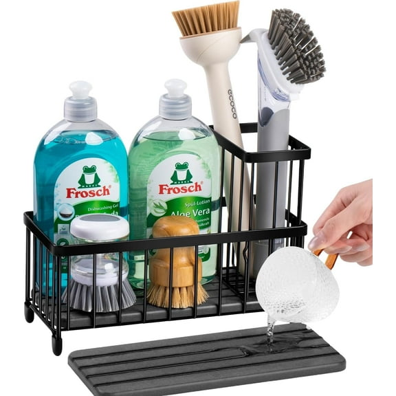 Wetheny Sponge Holder for Kitchen Sink, Sink Caddy with High Brush Holder and Instant Dry Diatomaceous Earth Base, Kitchen Sink Organizer Countertop Soap Dispenser Kitchen Organizer and Storage
