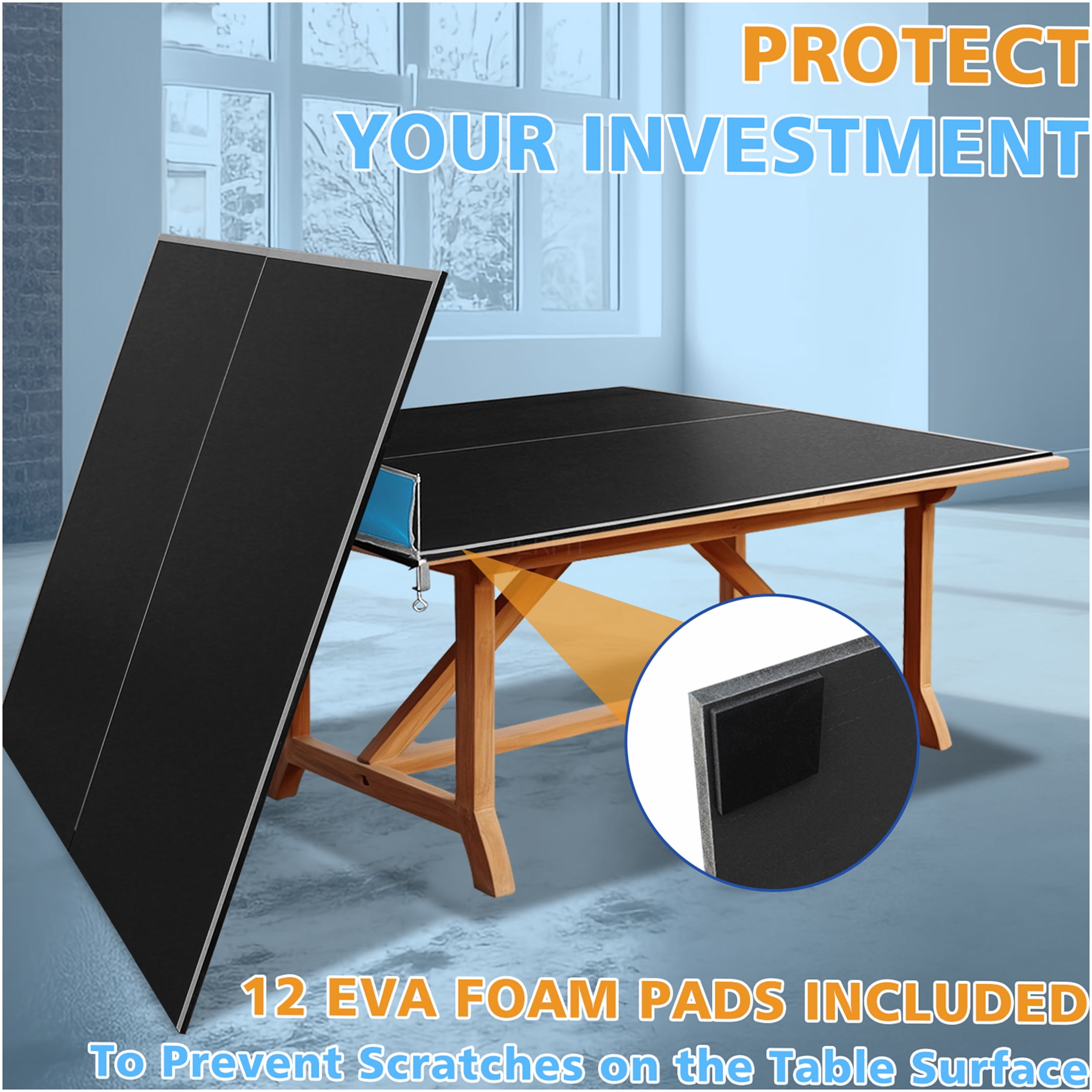 JERFIT 7x4ft Foldable Ping Pong Table Top for Indoor Use, Portable MDF Conversion Top with Net, Professional Mid-Size Black Table Tennis Surface