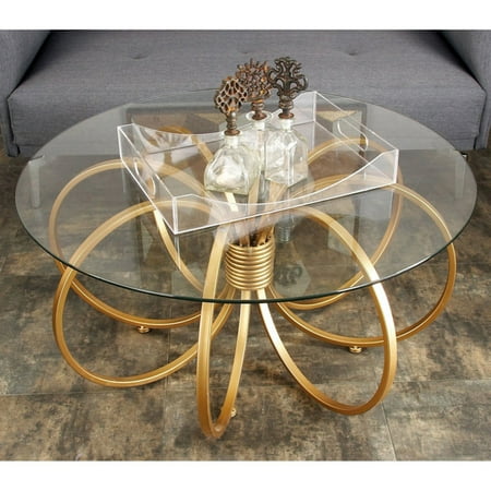 Decmode Contemporary 18 X 36 Inch Round Gl And Gold Iron Hoop Decmode Contemporary 18 X 36 Inch Round Gl And Gold Iron Hoop Rings Coffee Table