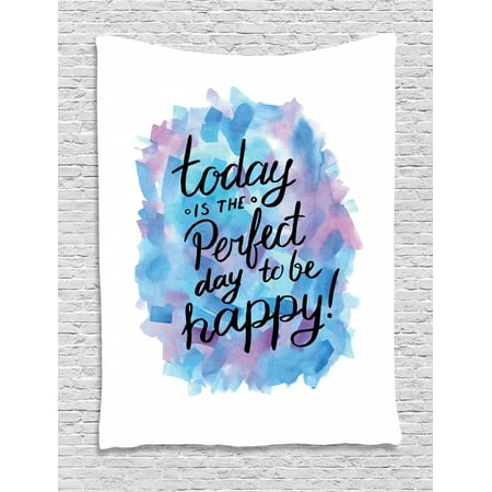 Motivational Tapestry, Hand Drawn Paint Brush Effect Happiness Quote Abstract Composition, Wall Hanging for Bedroom Living Room Dorm Decor, 40W X 60L Inches, Dried Rose Blue Black, by (Best Way To Dry Paint Brushes)