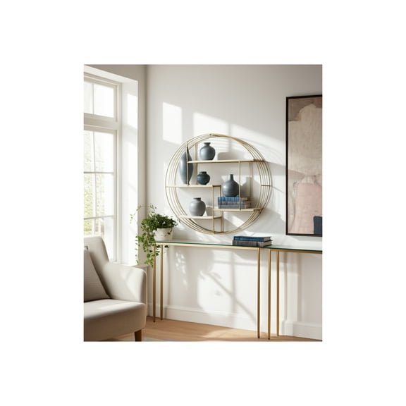 Elegant Wall Hanging Storage Organizer for Living Room Decor - Round Wall Mounted Shelf for Entryway Display - Metal Frame Accent for Bedroom and Office Spaces - 32", White & Gold