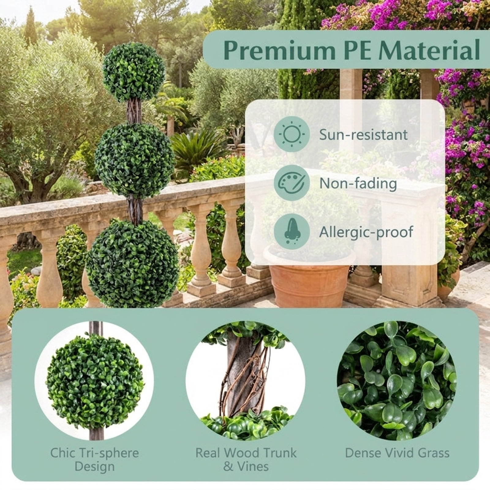 Vebreda Artificial Plant Decor, 4 FT Artificial Triple Ball Boxwood Tree with Cement-filled Retro Planter, Realistic & Inviting Appearance