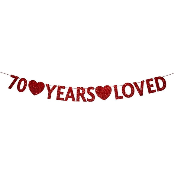 Red 70 Year Loved Banner, Red Glitter Happy 70th Birthday Party Decorations, Supplies