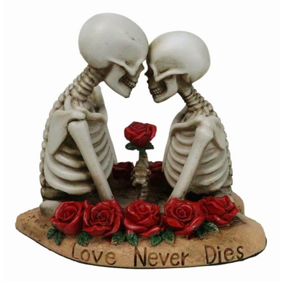Love Never Dies Skeleton Couple Holding A Stalk of Rose Figurine Cake Topper