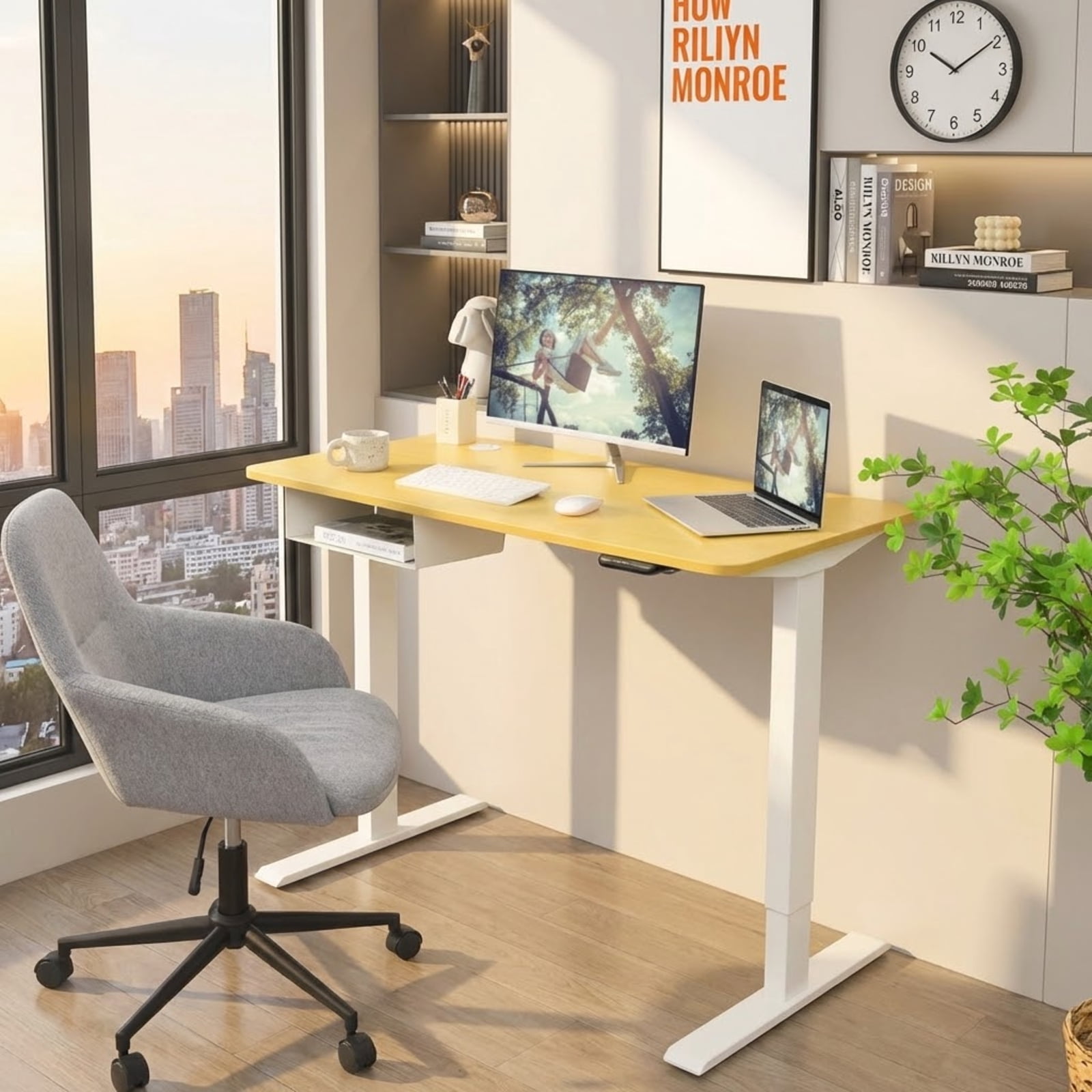 Furnibear 48-Inch Electric Standing Desk Adjustable Height with Memory Control Panel and USB Port, Natural