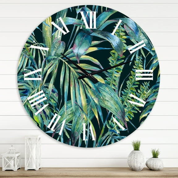 Designart 'Natural Leaves Exotic On Dark I' Tropical Wall Clock