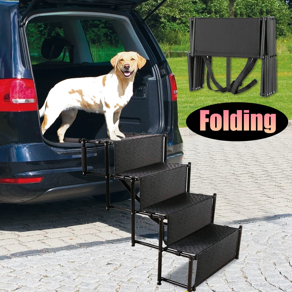 BWM.Co Folding Dog Cat Pet Stair Metal Frame Pet Ramp Ladder with 4 Steps for Cars SUVs Trucks 