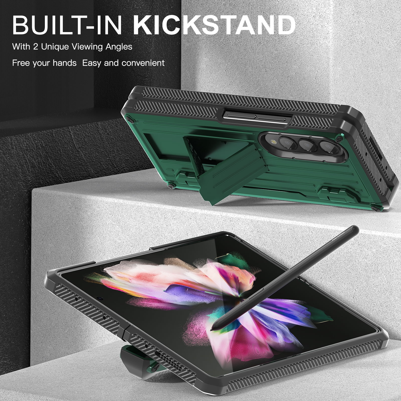TECH CIRC Case for Samsung Galaxy Z Fold 3 Compatible with MagSafe, Heavy Duty Rugged PC Shockproof Hinge Protection Cover with Hidden Bracket Screen Protector S Pen Holder Case,Armygreen