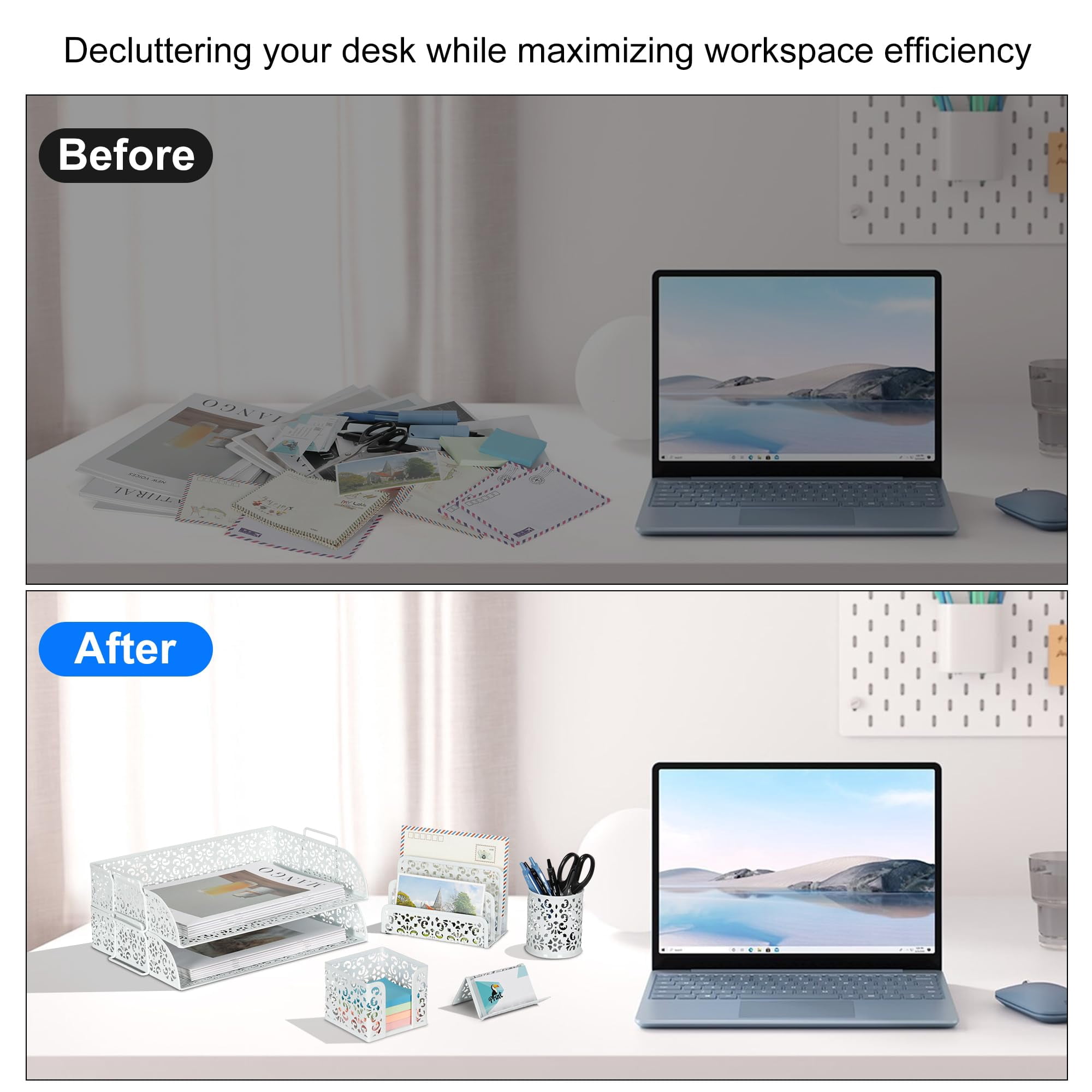 Desk Organizers And Accessories 5 Pieces Office Supplies Set - 2 Tier Paper Tray  Pencil Organizer For Mail Sorter Countertop Business Card Holder Sticky Note White