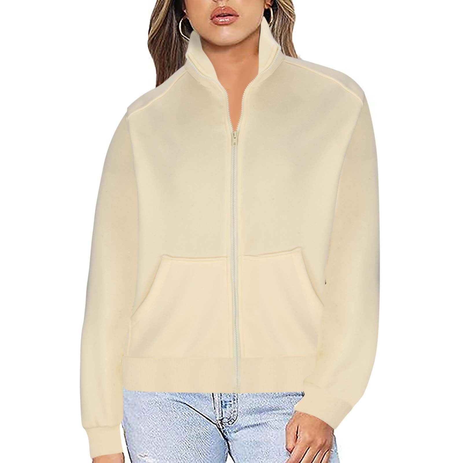 PEZHADA Fall Savings Women s Casual Zip Up Hoodie Jacket Pure Color Long Sleeve Hooded Sweatshirt with Pocket Beige