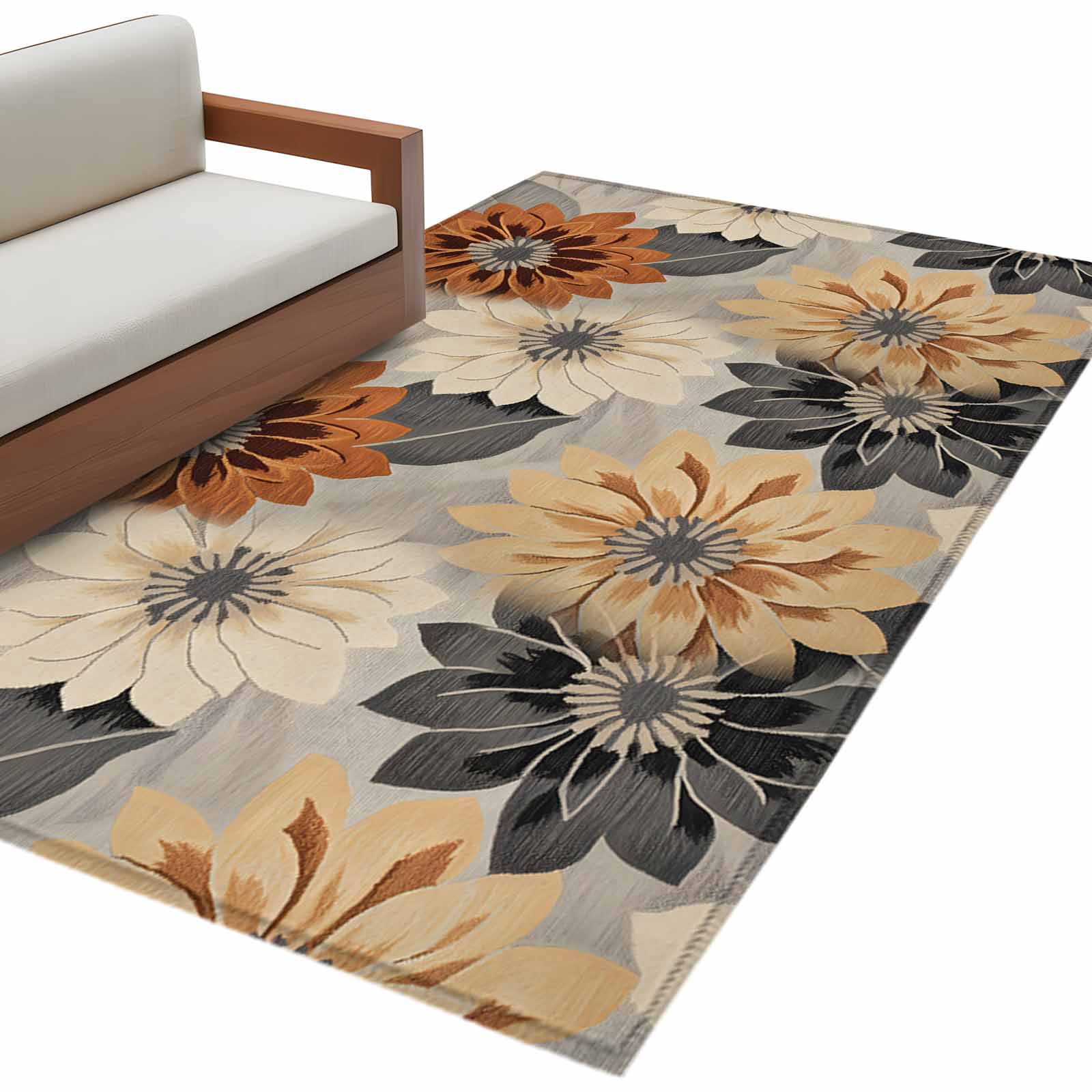 3'x5' Area Rugs, Burnt Orange Grey Black Flower Indoor Outdoor Area Rug for Living Room Bedroom, Spring Floral Botanical Washable Bathroom Rugs Kitchen Floor Carpet Mats Home Decor Aesthetic