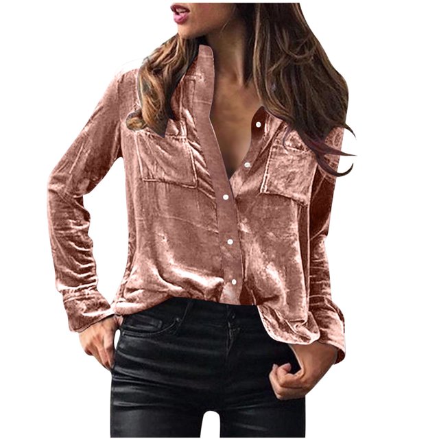 FAIWAD Womens Velvet Vintage Shirts Long Sleeve Button Down Blouses with Pockets Plus Size Velour Tops