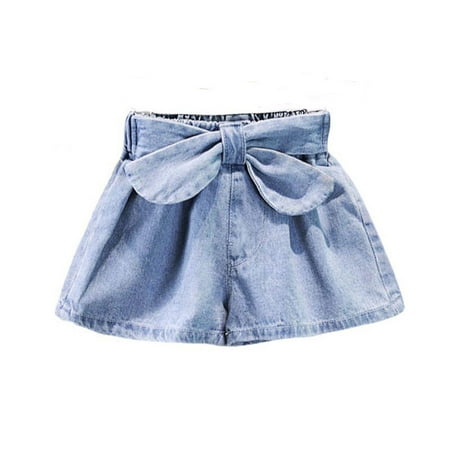 LNWUY Girl s Denim Shorts Summer Fashion Flower Elastic High Waisted Straight Wide Leg Summer Jeans Shorts with Pockets Blue 130