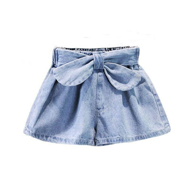 Odeerbi 2-12 Años Niñas Verano Denim Pantalones Cortos Arco Cintura Jeans Pantalones Cortos de Color Sólido Lindo
