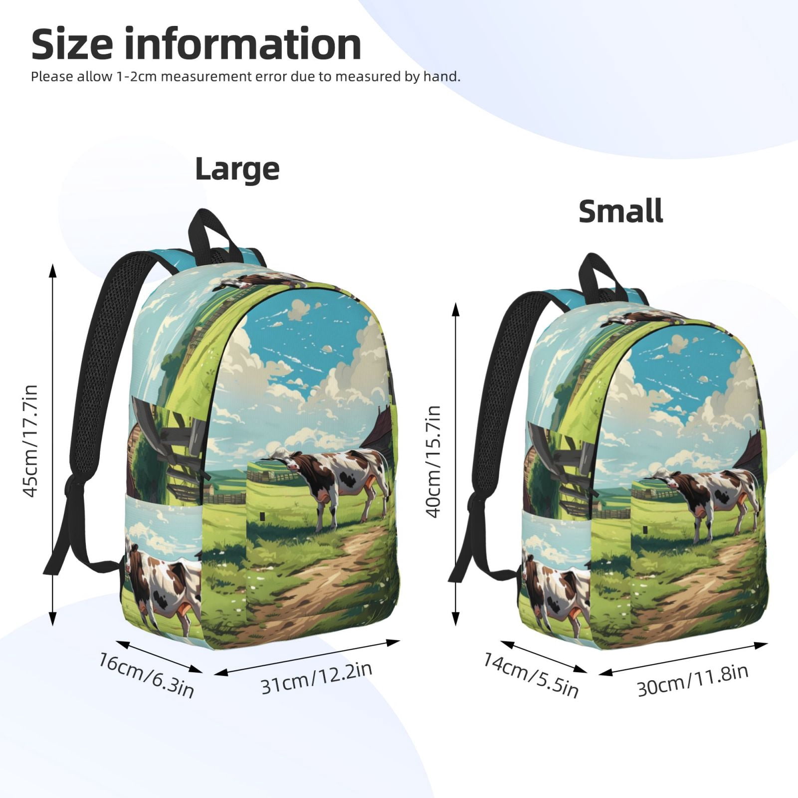 Picia Prairie Pasture Cow Printed Canvas Daypack - Stylish and Durable Vintage Compact Backpack - Class, Work, Travel, or Laptop Bookbag,Organized Compartments-Medium