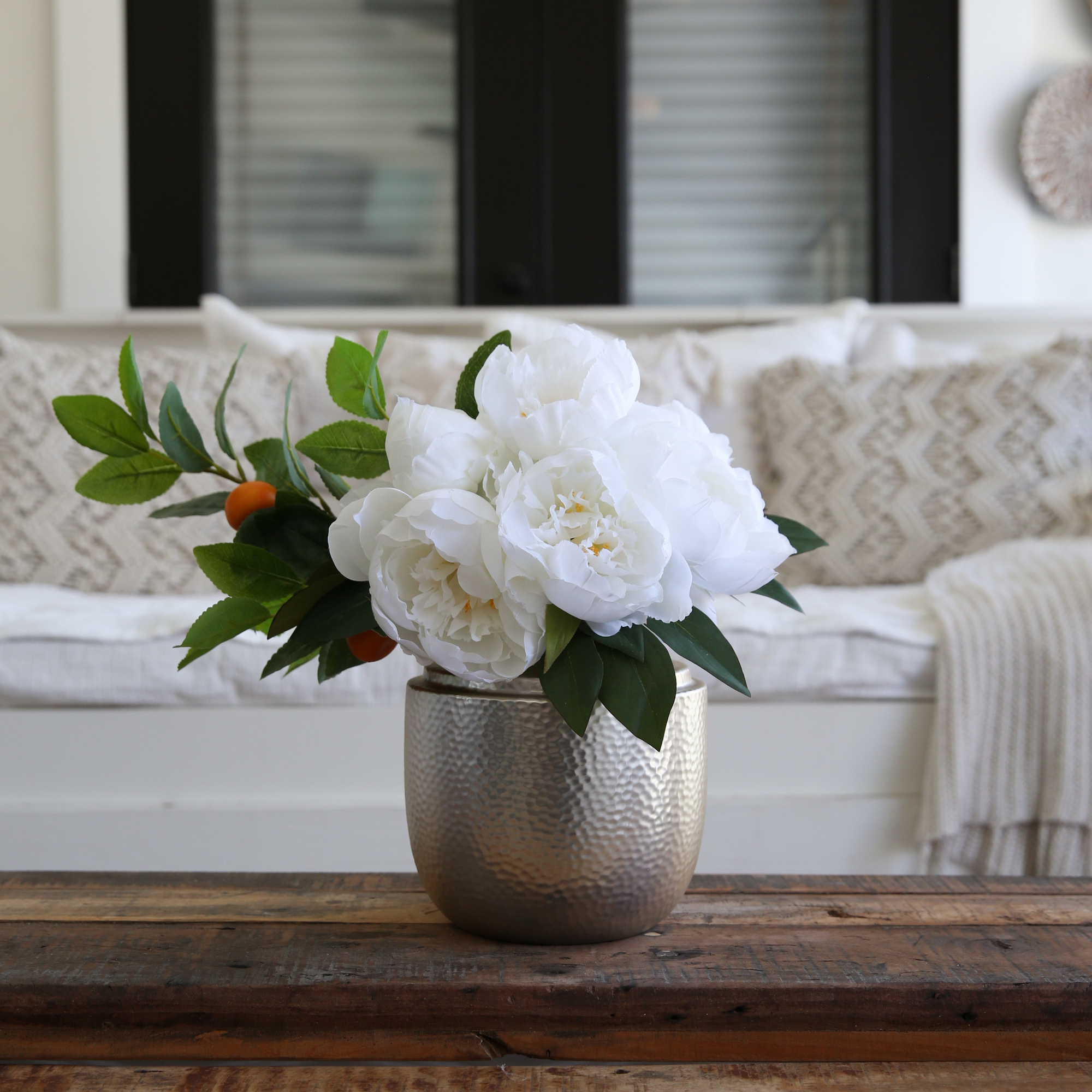 Nearly Natural 16in. Artificial Peony Dahlia Arrangement white Vase, White