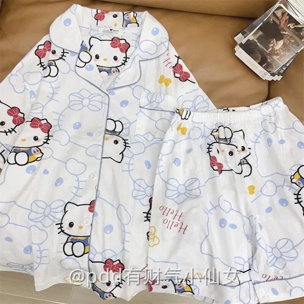 Conjuntos de pijamas de Hello Kitty Sanrio para mujer, Anime Kuromi, nuevo estilo Kawaii, ropa de manga corta cómoda, regalo de verano