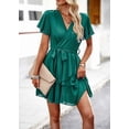 thumbnail image 3 of Krumba Women V-Neck Ruffle Dress: Short Sleeve Tie Waist Pleated Mini - Casual for Wedding Guest Beach Summer Party Trip Green Size M, 3 of 6