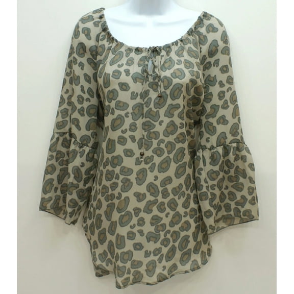 Cable & Gauge Animal Print 3/4 Bell Sleeve Peasant Blouse, Women's Large
