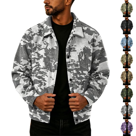 Zimjoy Camouflage Jacket for Men Button Down Corduroy Vintage Long Sleeve Shacket Lightweight Relaxed Fit Western Jackets for Casual Fall Winter Gray L