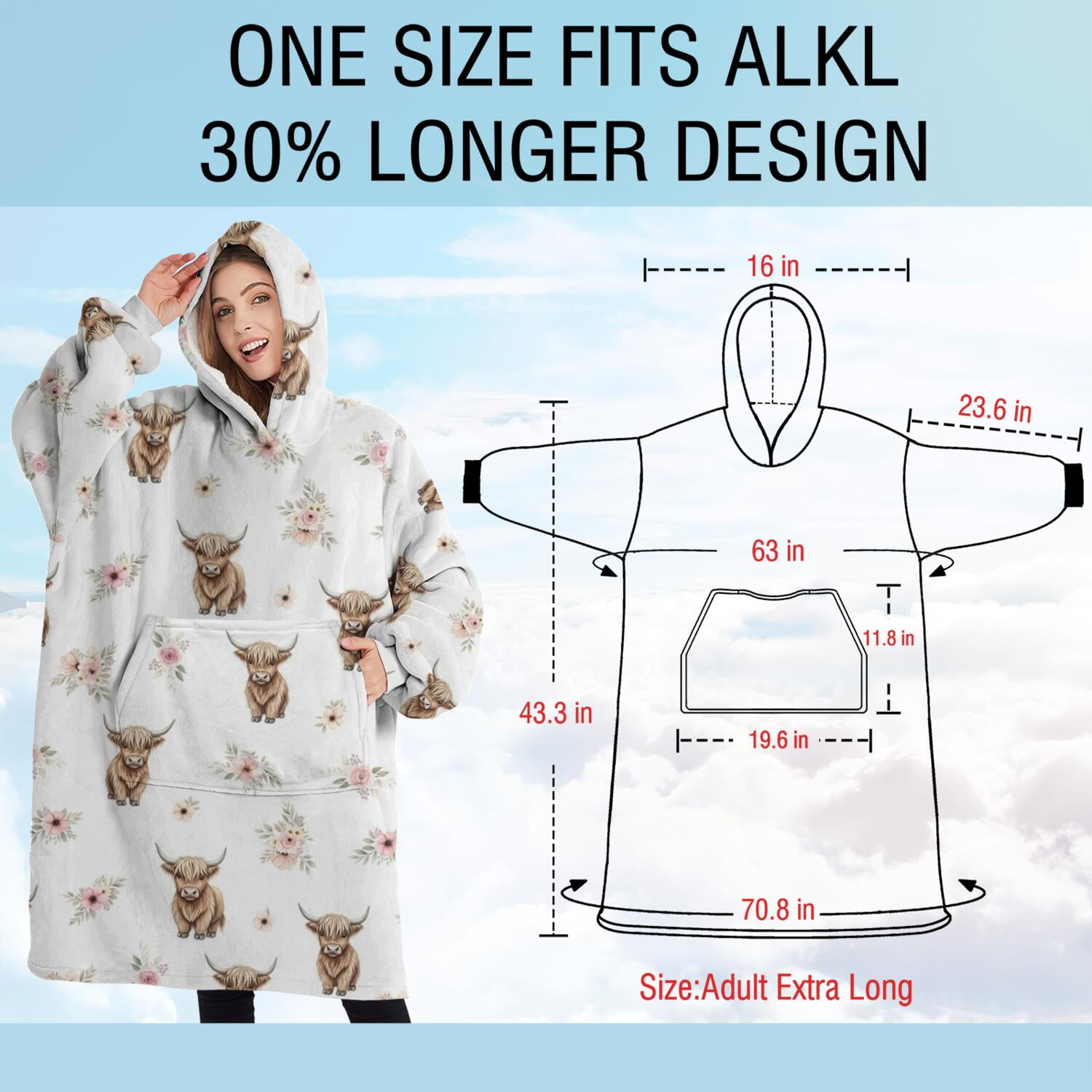 Oversized Wearable Blanket Hoodie,White Highland Cow Flower Pattern Sherpa Blanket Hoodie with Super Pockets,Super Warm Fuzzy Pullover for Women & Men