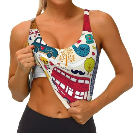 Qokaie London Symbols Pattern Womens Scoop Neck Sports Bra Breathable Workout Vest Padded U Back Medium Impact Fitness Gym Yoga Bra Workout Crop Top
