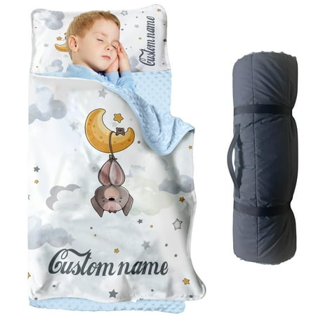 AOLOA Custom Night Sky Nap Mat for Toddlers Personalized Bat Sleeping Bag with Nap Blanket Moon and Stars Roll Up Mat for Preschool or Daycare(Cushions + Pillows22.5 x55 +Blanket size: 33.5 x 45 )