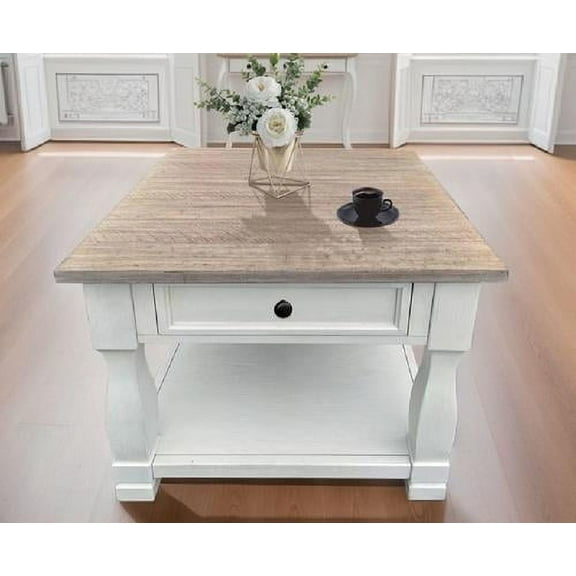 Square MDF and White Oak Coffee Table with Drawer and Shelf, Light Brown / White