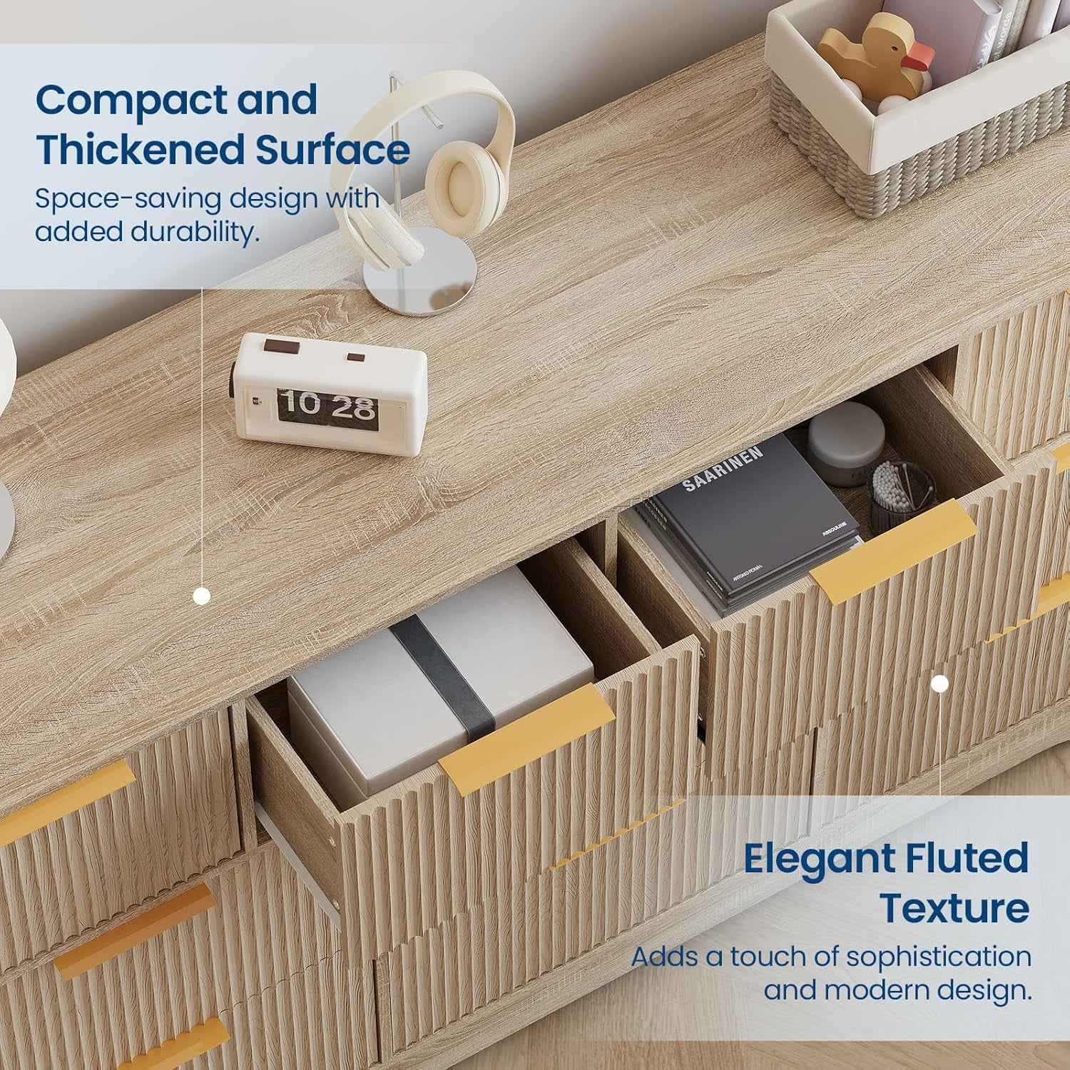 Fluted Design 10-Drawer Dresser - 59" Wide Modern Wood Chest for Bedroom, Living Room TV Stand or Hallway Storage Organizer with Wood Frame, Natural