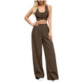 thumbnail image 2 of Bloomae Two Piece Sets for Women Summer Sleeveless Ruched Button Down V Neck Cropped Tank Tops and Elastic Waist Wide Leg Pants with Pockets Matching Sets Coffee L, 2 of 8