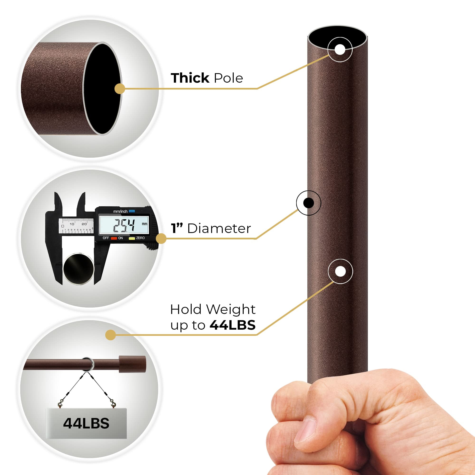 Deco Window Modern 1" Diameter Powder Coated Barrel Finial Adjustable Single Curtain Rod, 52 in - 144 in