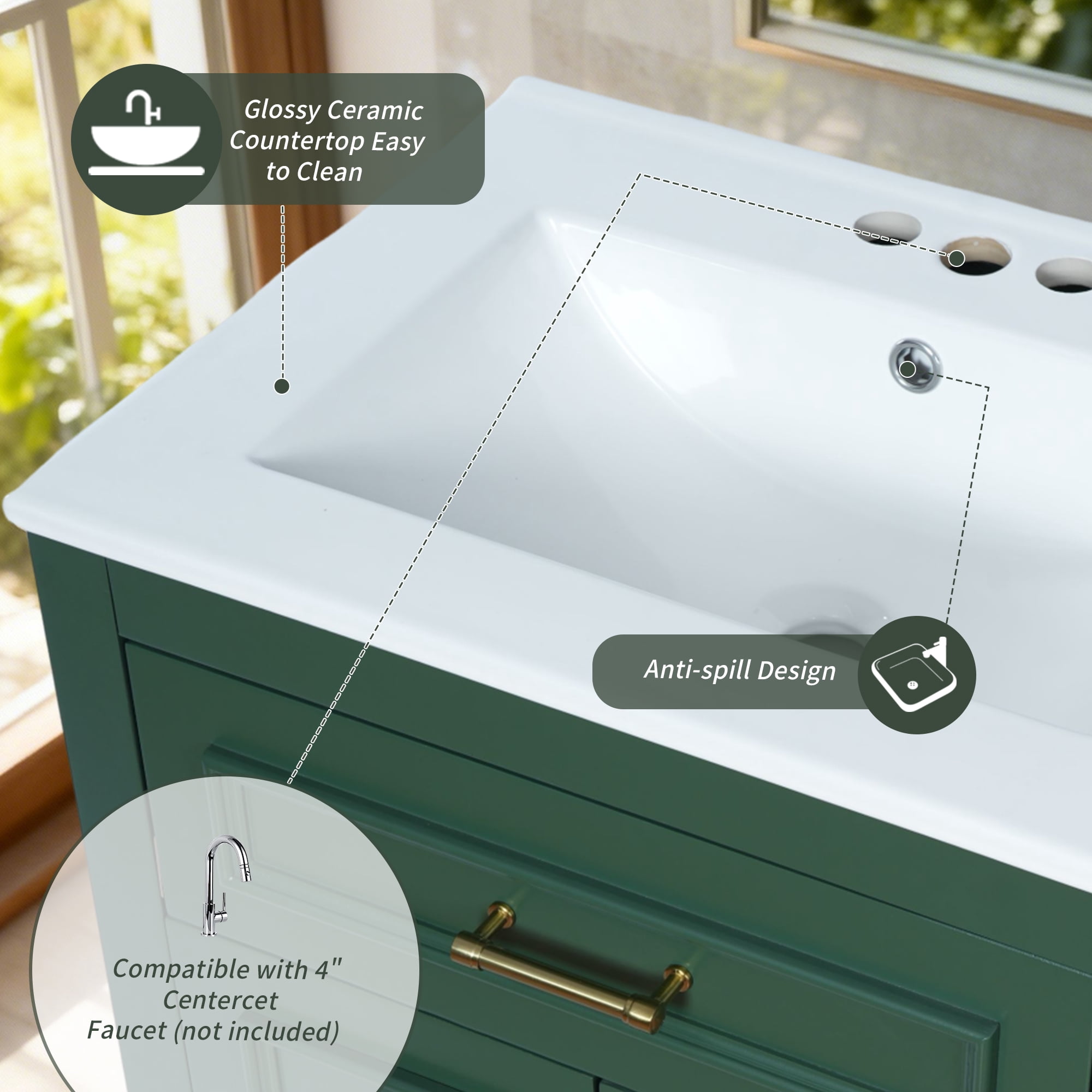 Euroco 24" Bathroom Vanity with Integrated Ceramic Sink, Bathroom Cabinet with 2 Doors, 1 Tip-Out Drawer, Single Sink Bathroom Vanity for Small and Medium Restroom, Green