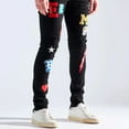 thumbnail image 2 of Embellish NYC Men's Devin Embroidered Patches Skinny Fit Stretch Denim Jeans (30, Black), 2 of 3