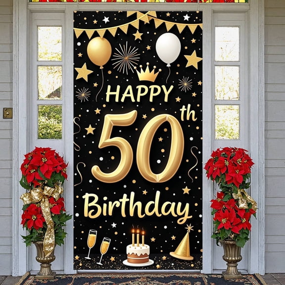 Golden Theme 50th Birthday Banner Crown Design Display Firework Pattern Glitter Style 50th Celebration Background for Adult Birthday Party Indoor Decoration Photo Shoot Backdrop