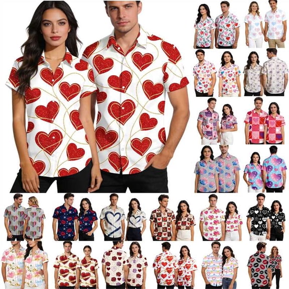 VBTAPA Mens Hawaiian Shirts Short Sleeve Heart Print Button Down Shirt Casual Summer Beach Shirts Tropical Resort Wear Red Pink M
