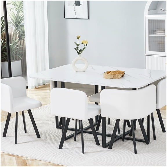 6 Chairs and Table Set, Small Dining Table Set with Marble Top, Black PU Cushioned Chairs, Space Efficient Furniture for Kitchen, Dining Room