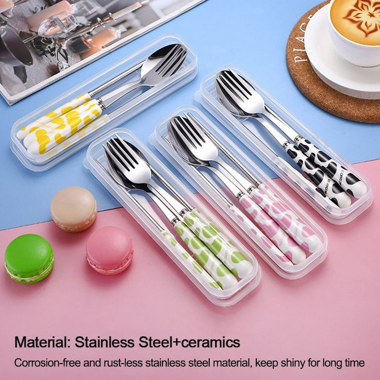Cute Reusable Ceramic Handle Stainless Steel Fork Spoon Chopsticks  Dinnerware Set Picnic Tableware Cutlery Set PINK