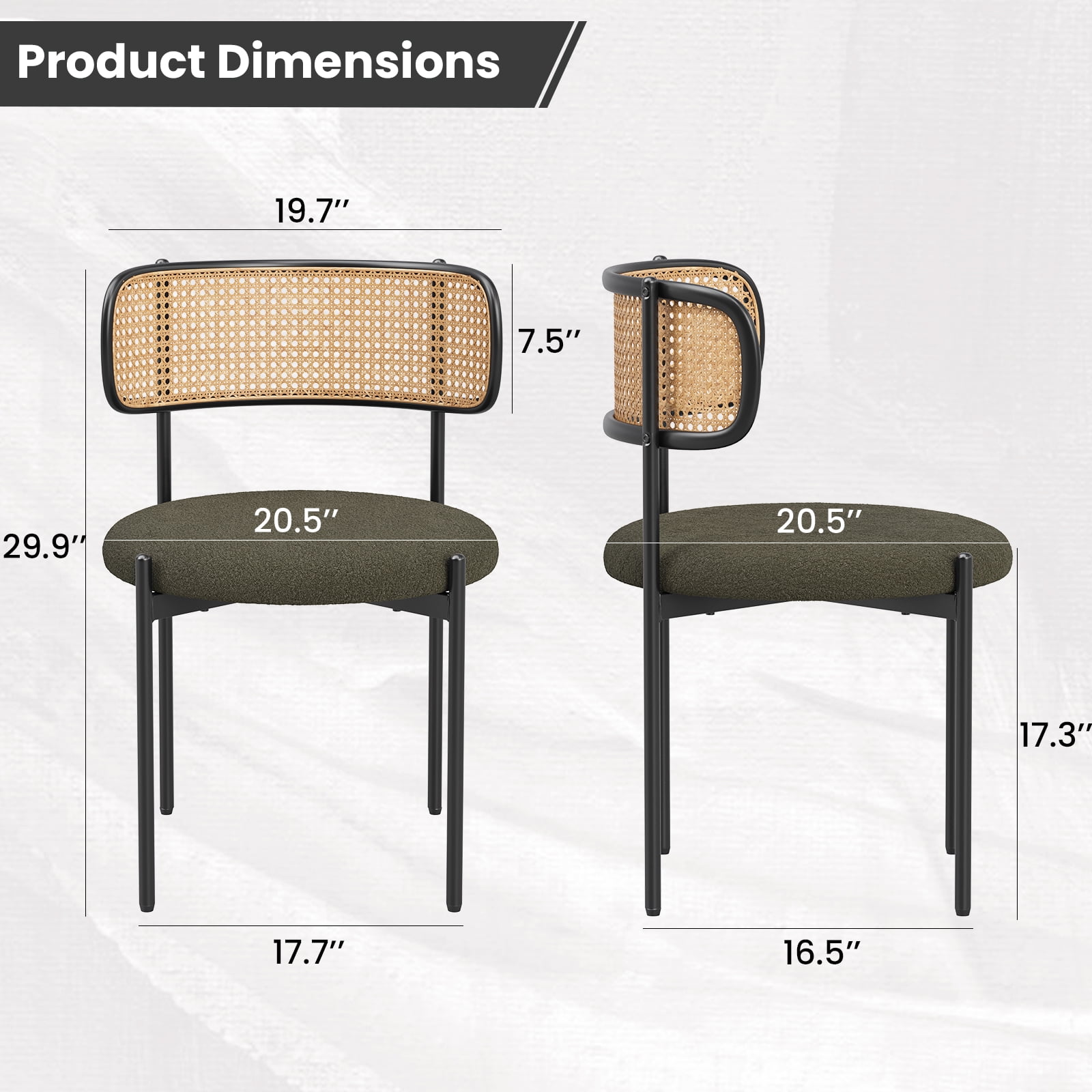 Farini Upholstered Dining Chair Set of 2, Rattan Backrest Kitchen Chair, Green