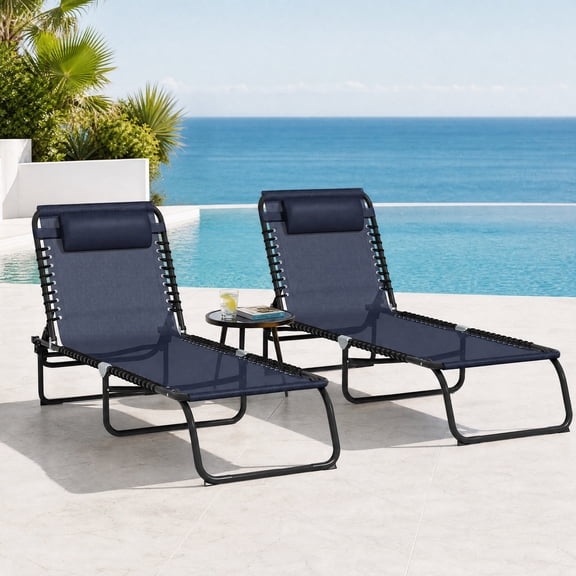 Set of 2 Dark Blue Folding Chaise Lounge Pool Chairs 4‑Position Reclining Outdoor Sun Tanning Chairs with Pillow & Breathable Mesh Bungee Seat for Beach Patio Backyard 77.5" L x 22.75 " W x 11.75 "H