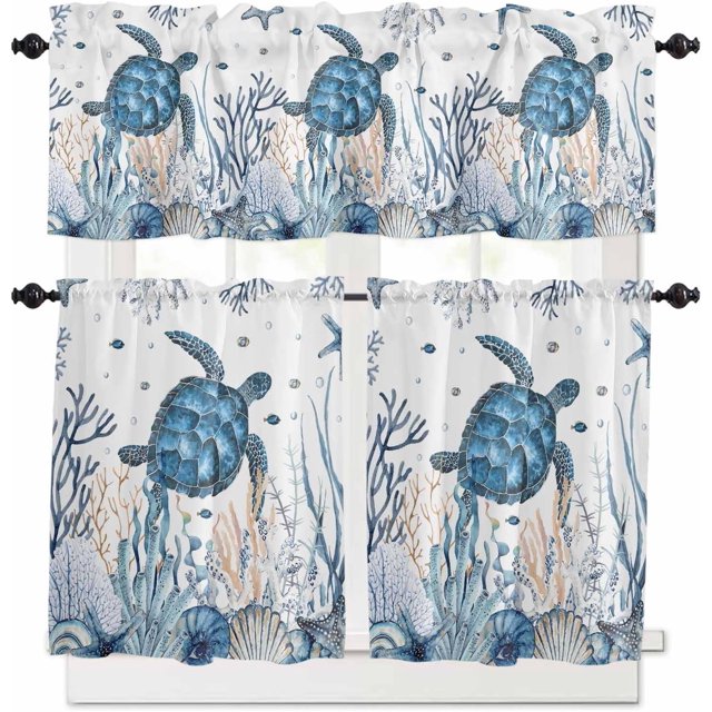 3PCS Kitchen Curtains Valance and Tiers Set Semi Sheer Kitchen Curtain Valance Window Summer Ocean Turtle Coral Shell Conch Starfish White Tier & Valance Set Rod Pocket Valance, 54"x18"/27.5"x24"x2