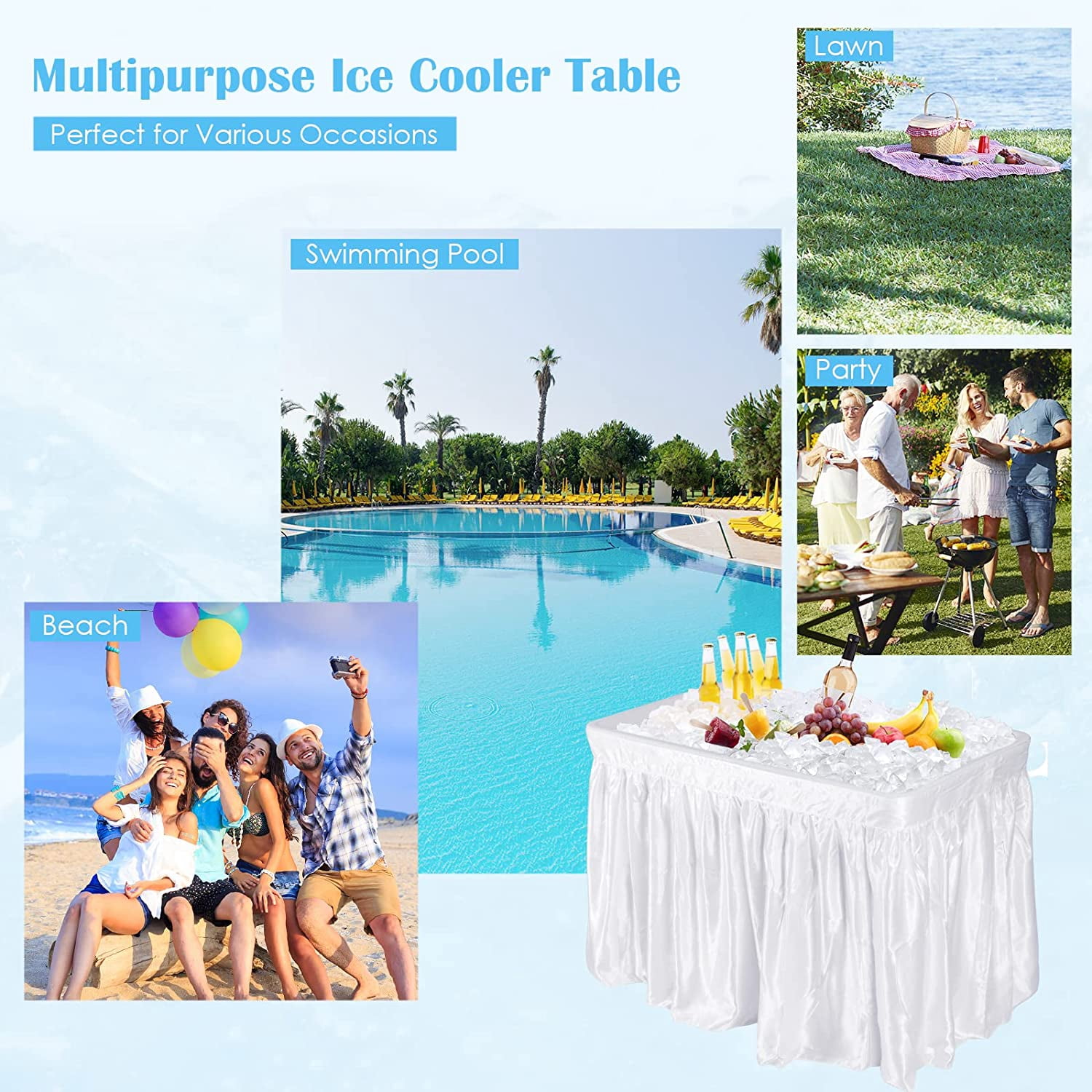 AINUO Folding Ice Cooler Table with Matching Skirt and Drain Hose, Portable Foldable Beverage Buffet Server Chill Table for Party, Picnic, BBQ and Camping