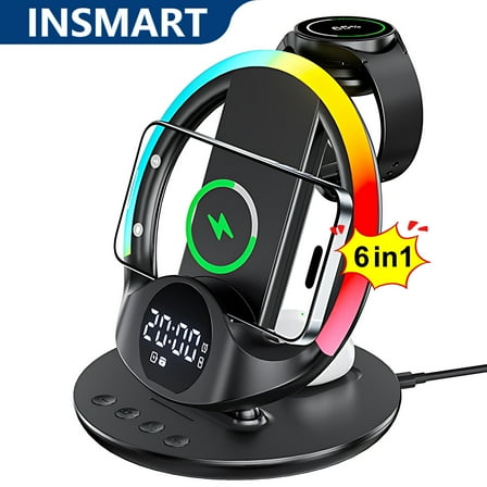 INSMART Wireless Charger,6-in-1 Wireless Magnetic Charging Station with Digital Clock, Alarm, Phone Stand & Colorful Mood Light,Compatible with iPhone,Samsung, AirPods,Apple Watch (Black)