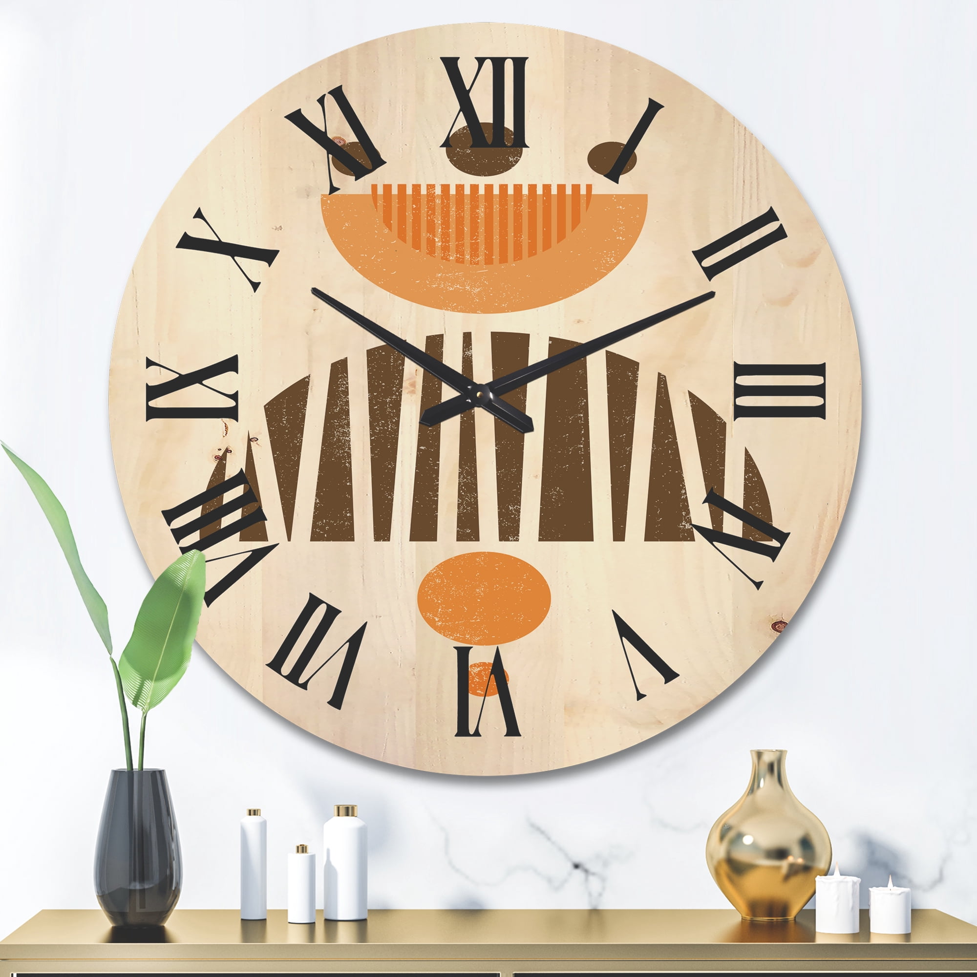 Designart 'Abstract Minimal Moon and Sun In Earth Tones IV' Modern Wood Wall Clock
