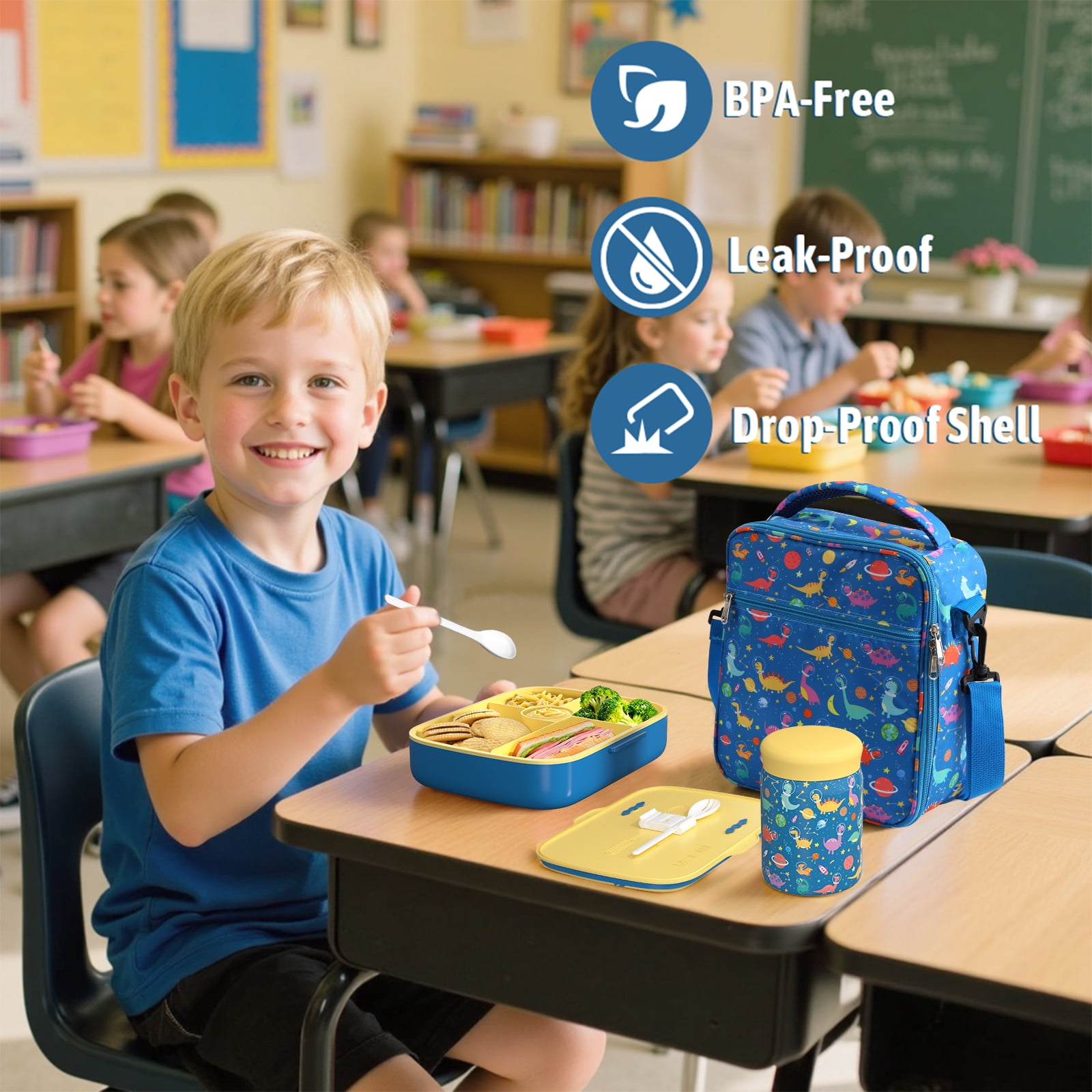 TeSabMi Bento Lunch Box for Kids Insulated Bento Box with Leak Proof Thermos Food Jar Blue Dinosaur