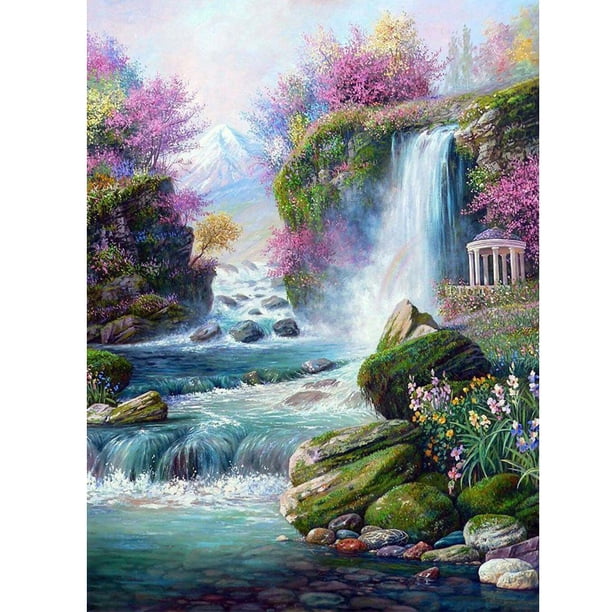 Cuadros Decorativos Cuadros Decorativos Kit de cascada de pintura de diamante de taladro redondo com Tmvgtek embutido en tela