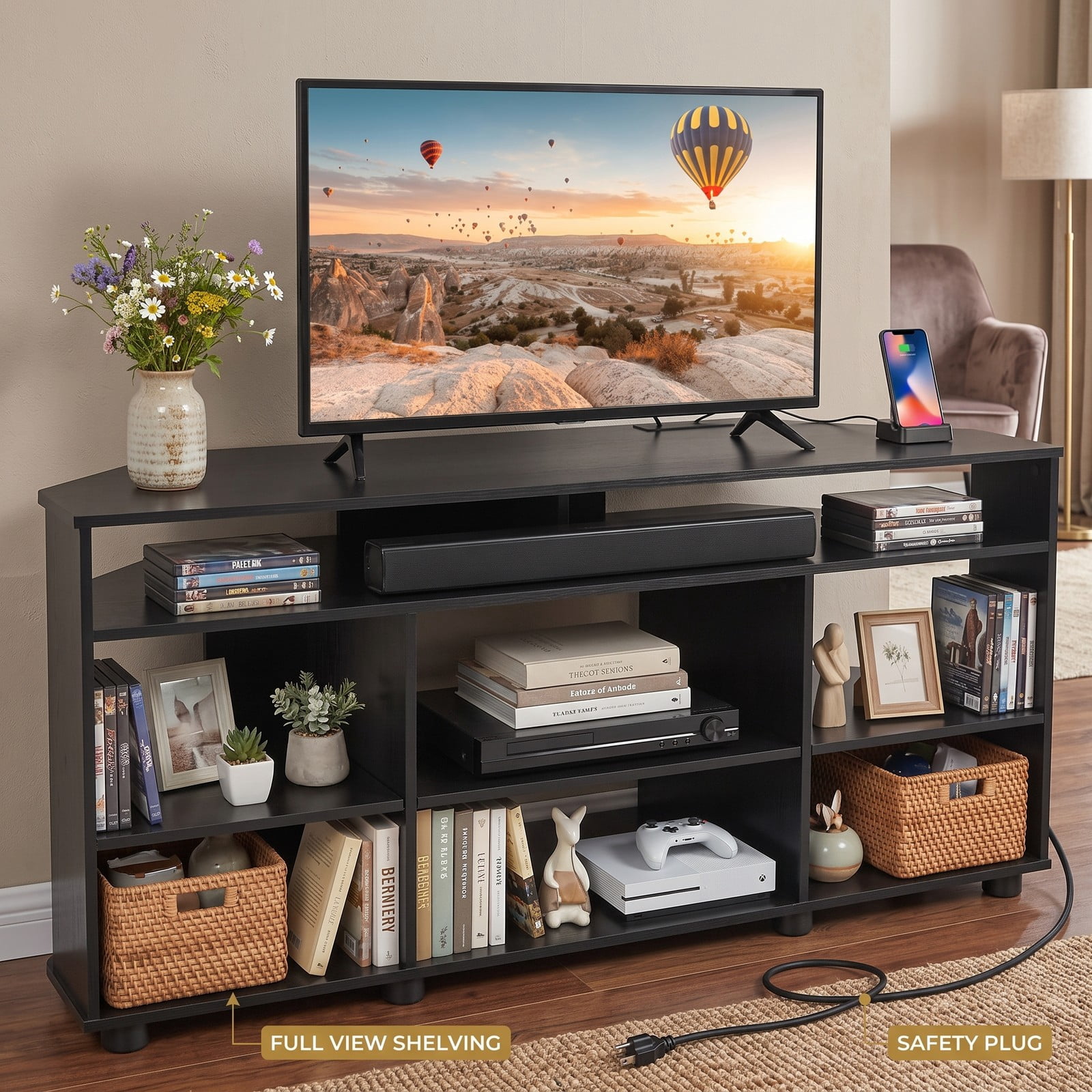 Furnibear Corner TV Stand for TVs up to 55 Inch, Entertainment Center with Charging Station, 3 Adjustable Shelves, Wood Media Console Side Cabinet for Living, Black