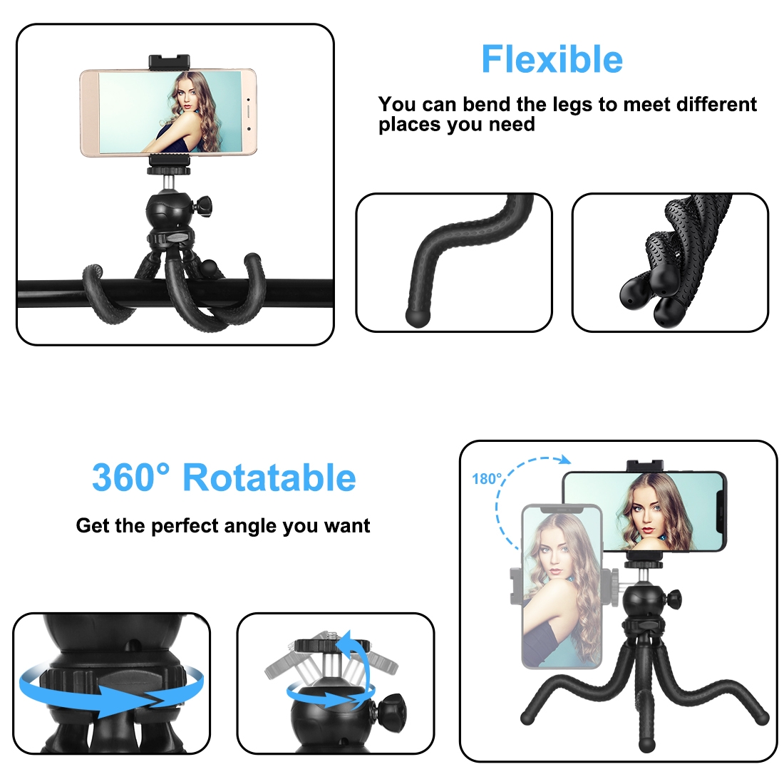 QKOO Mini Octopus Flexible Tripod Holder with Ball Head & Phone Clamp + Tripod Mount Adapter &