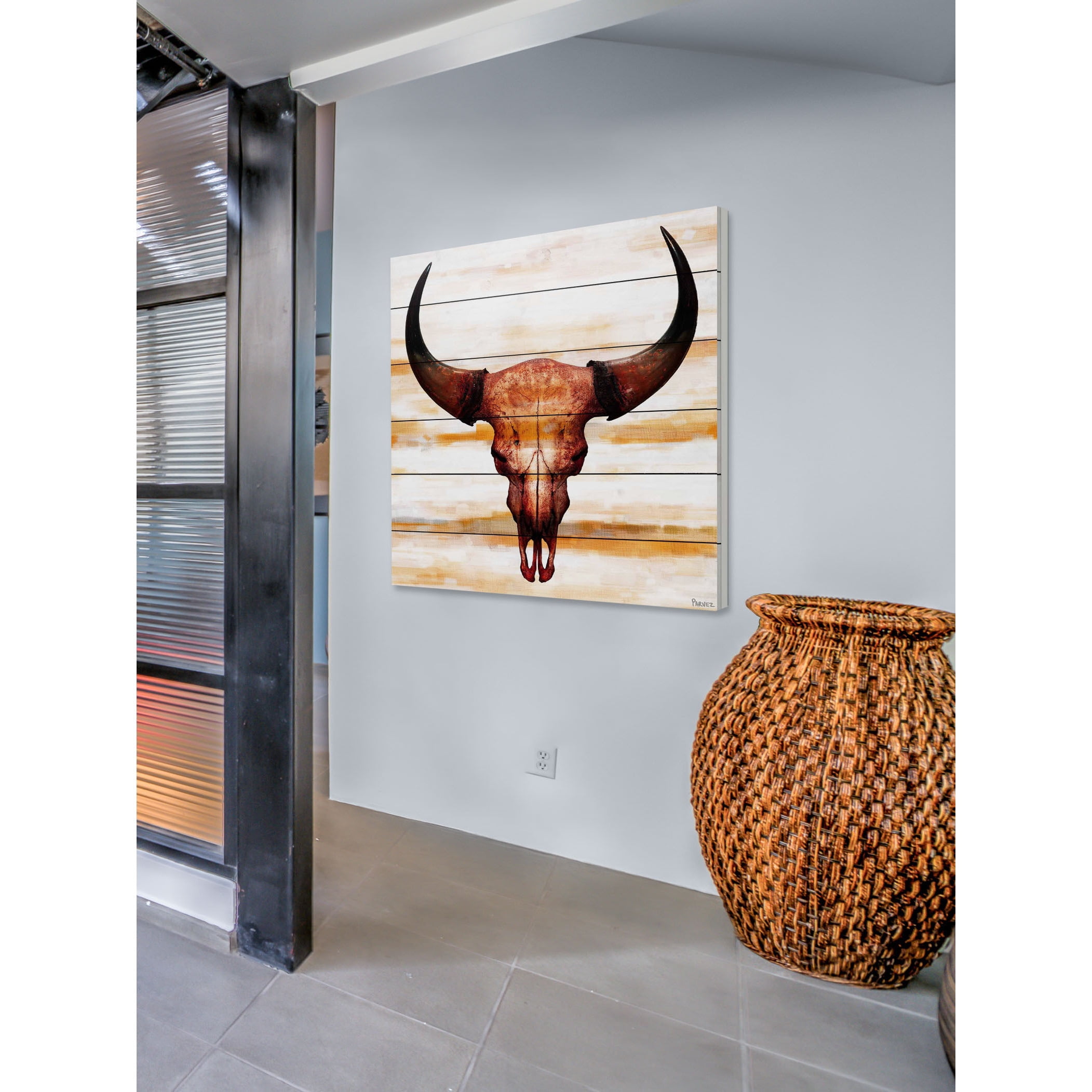 Parvez Taj  - Burnt Orange Skull Painting Print on White Wood - Multi-Color 32 x 32