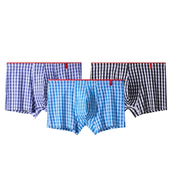 LYEAA Athletic Mens Breathable Underwear 3-Pack Cotton Soft Boxers Plaid Plus Loose Comfortable Underpants Elastic Waistband Fashion Support Pouch Briefs No fly Multicolor M